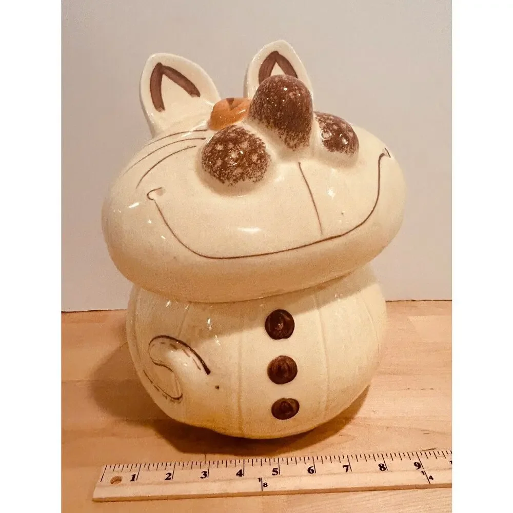 Vintage Ceramic Cat Cookie Jar Hand Painted Whimsical MCM Kitchen Decor